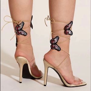 Tie Leg Design Butterfly Appliques Stiletto Heeled Strappy Sandals